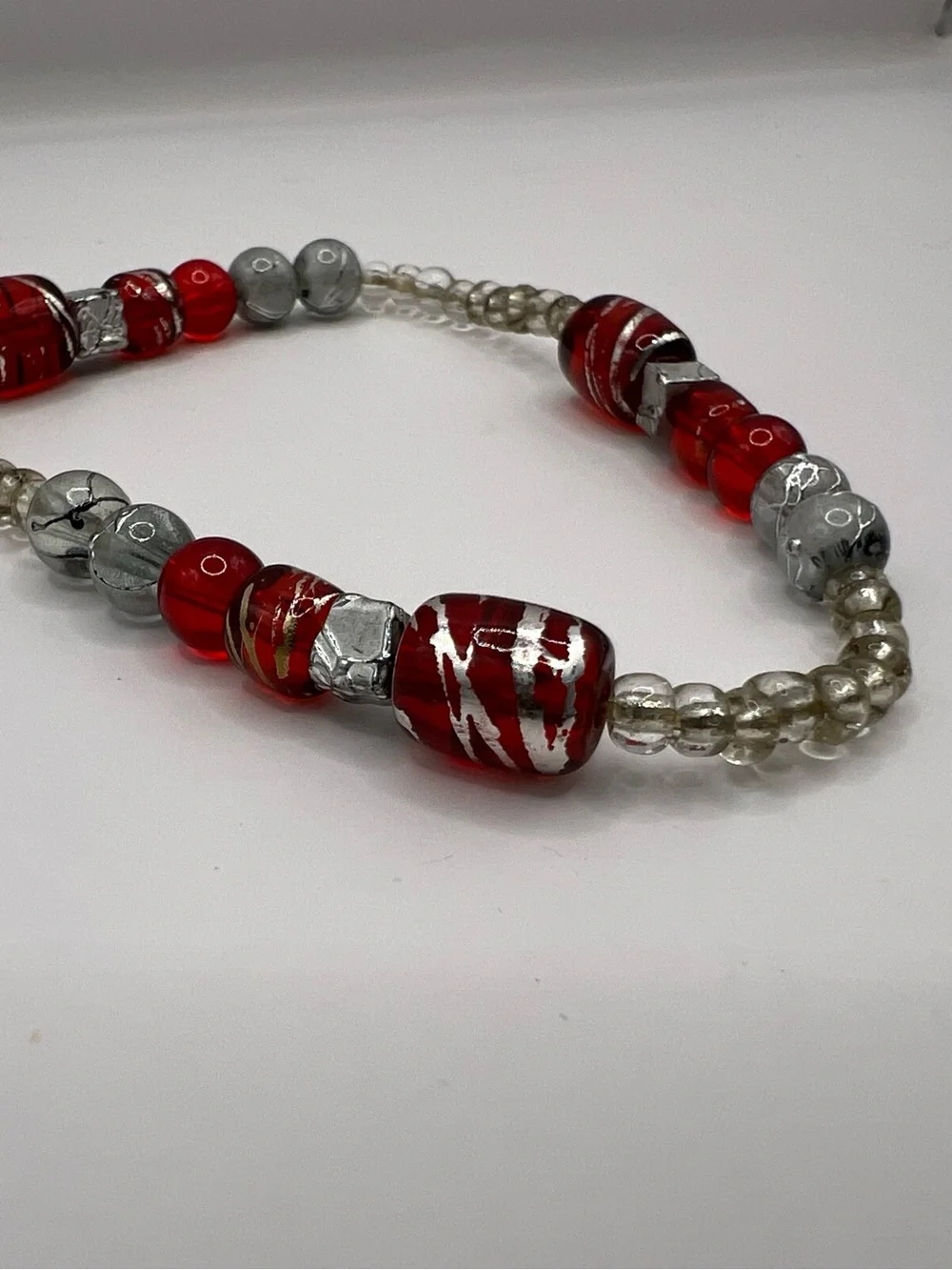 Handmade Red & Silver Glass Beaded Elastic Statement Bracelet